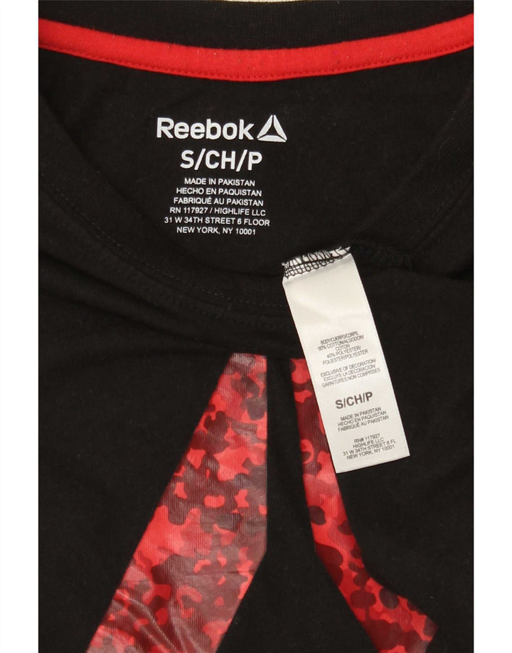 Reebok Mens Graphic T-Shirt Top Pequeno Algodão Preto