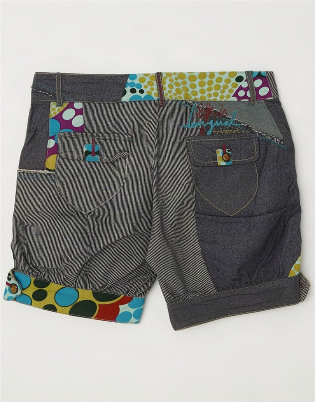 Shorts regulares femininos Desigual UE 36 pequeno W28 azul marinho patchwork algodão