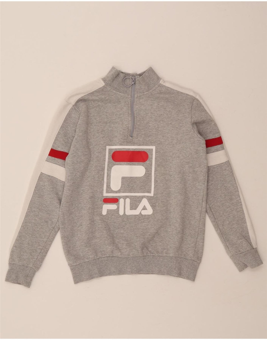 FILA Womens Graphic Zip Neck Sweatshirt Jumper UK 2 2XS Grey Cotton Vintage Fila and Second-Hand Fila from Messina Hembry 