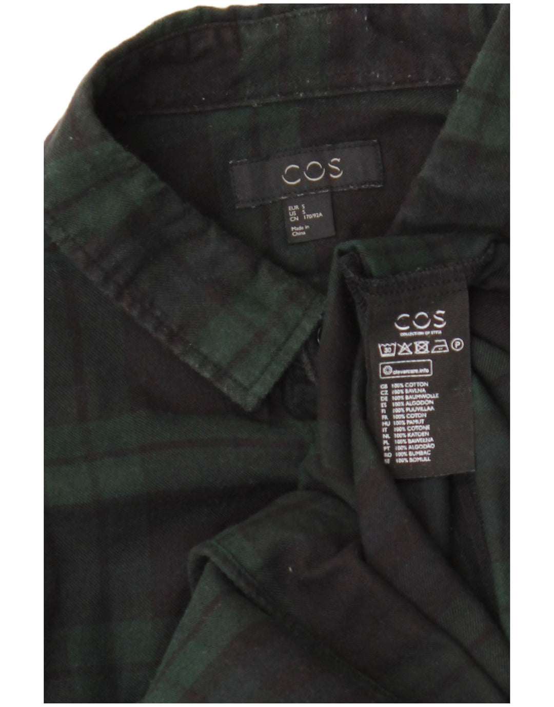 Camisa masculina de flanela Cos pequena de algodão xadrez verde