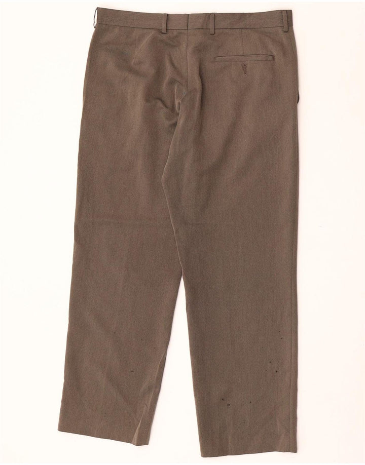 Calça masculina de terno reto Marks & Spencer W34 L29 espinha de peixe marrom
