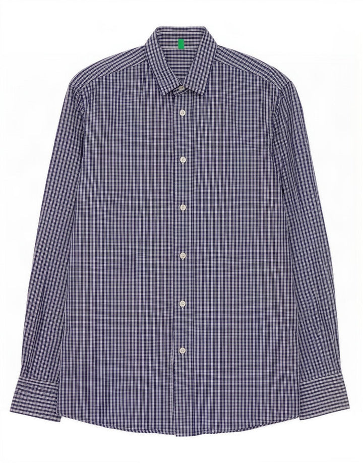 Camisa masculina Benetton de algodão xadrez azul médio