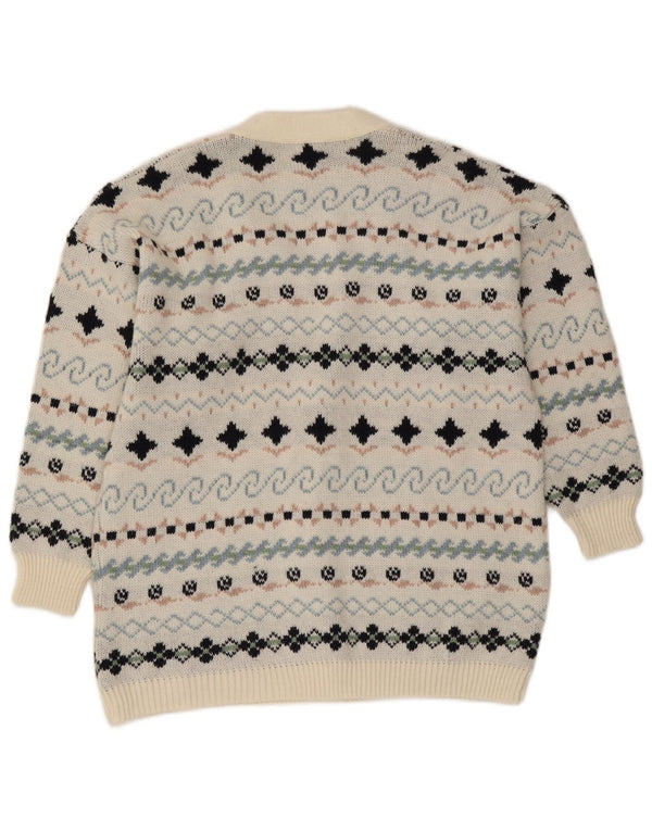 Suéter cardigã feminino vintage Reino Unido 16 grande branco Fair Isle