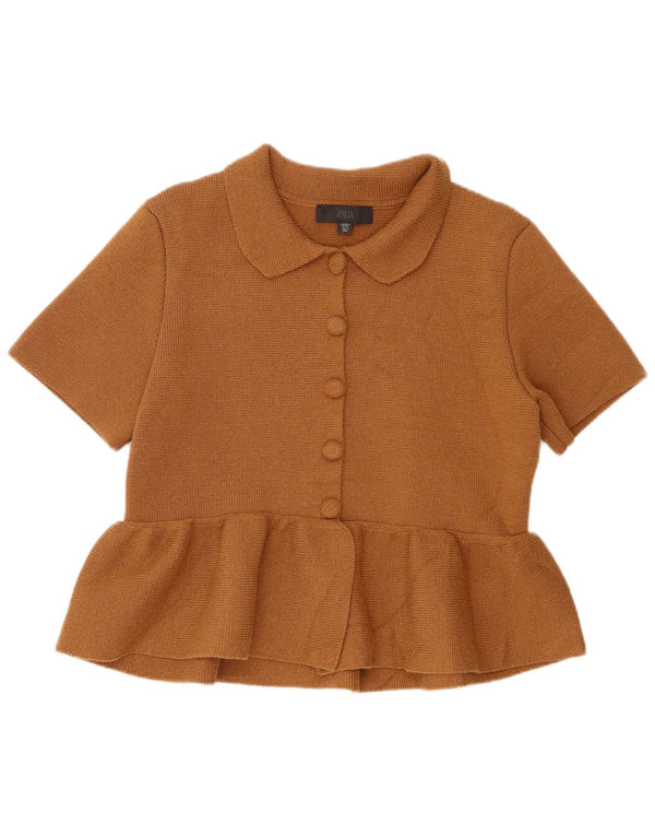 Top cardigã feminino de manga curta Zara Reino Unido 14 grande algodão marrom