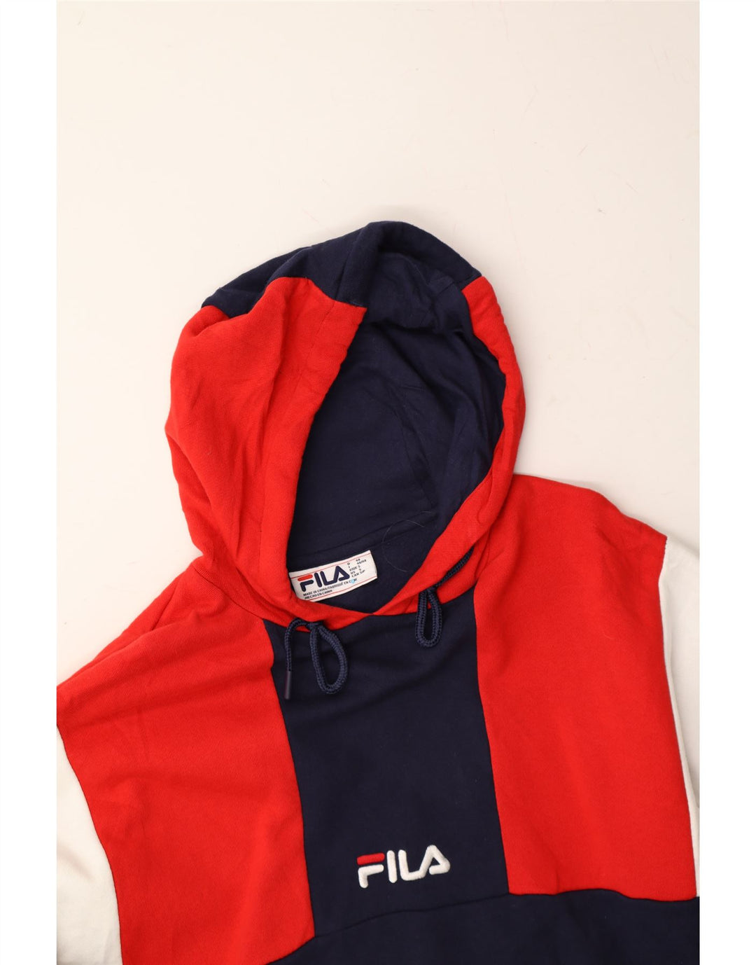 FILA Mens Hoodie Jumper Small Navy Blue Colourblock Cotton Vintage Fila and Second-Hand Fila from Messina Hembry 