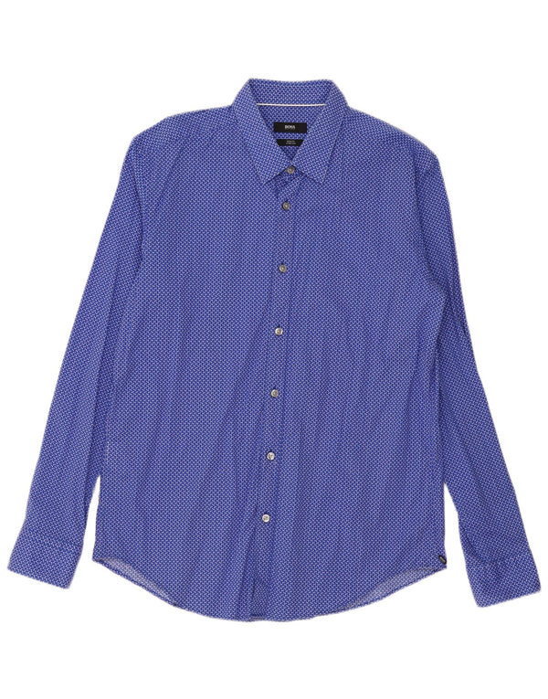 Camisa Slim Fit Masculina Hugo Boss Grande Algodão Geométrico Azul