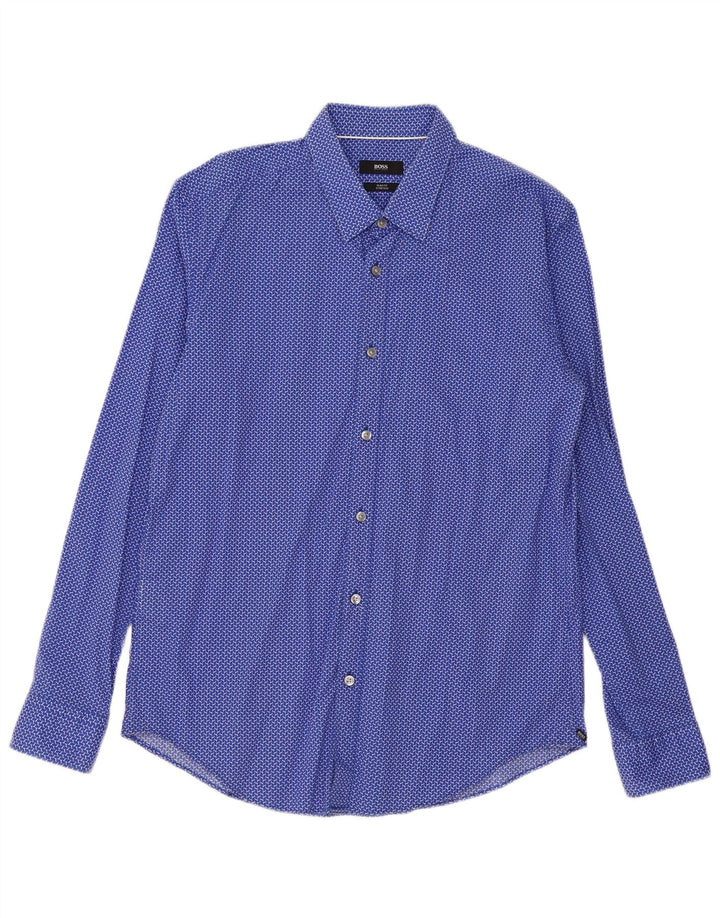 Camisa Slim Fit Masculina Hugo Boss Grande Algodão Geométrico Azul