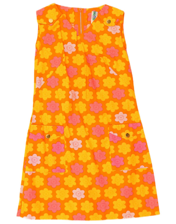 Vestido feminino vintage sem mangas em linha A IT 40 pequeno algodão floral laranja