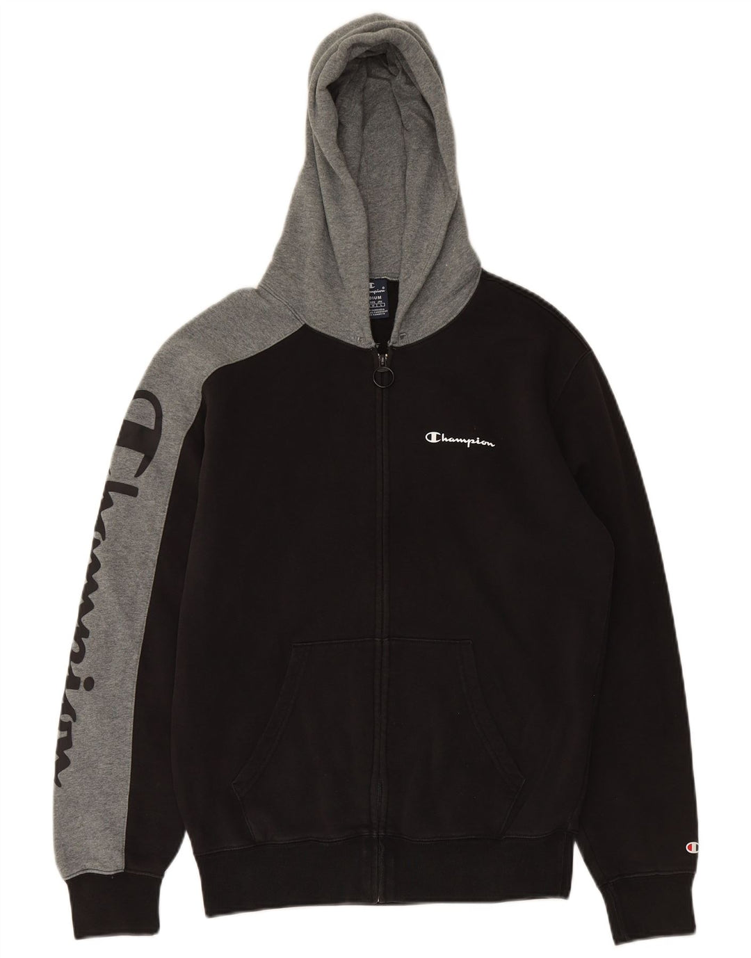 CHAMPION Suéter masculino com capuz e zíper gráfico médio preto de algodão