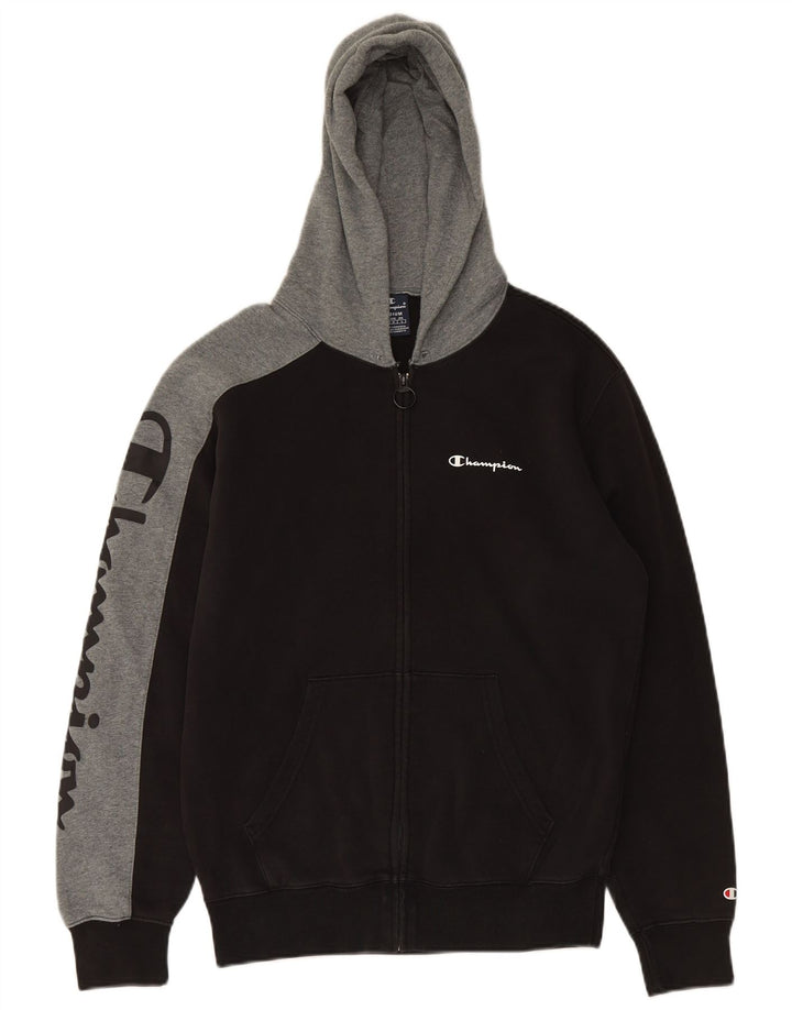 CHAMPION Suéter masculino com capuz e zíper gráfico médio preto de algodão