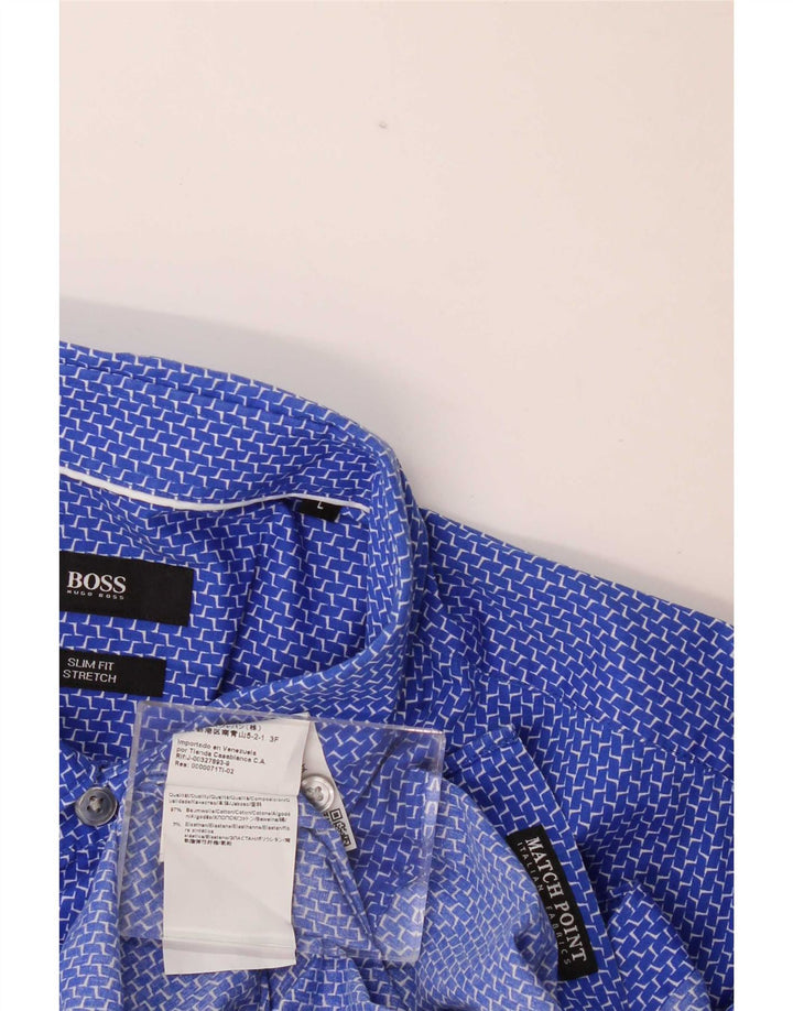 Camisa Slim Fit Masculina Hugo Boss Grande Algodão Geométrico Azul