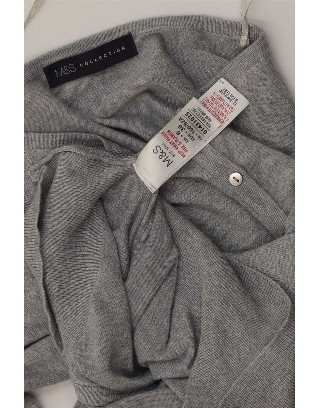 Suéter cardigã feminino Marks & Spencer Reino Unido 8 viscose manchada cinza pequena