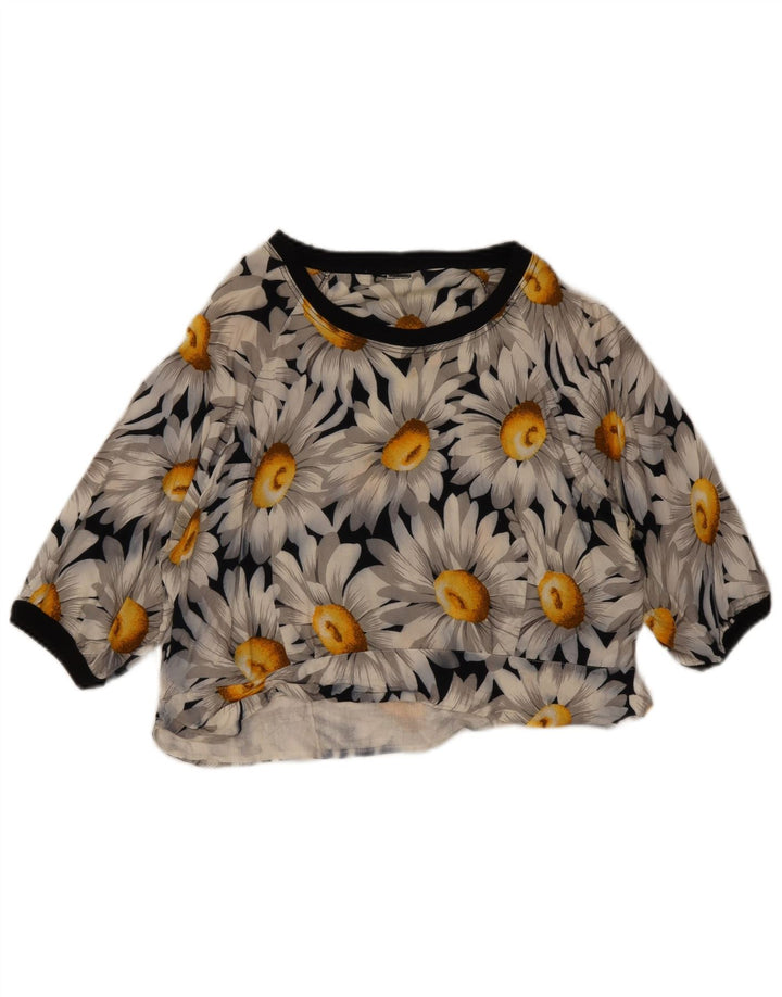 Top curto feminino vintage Reino Unido 12 médio azul marinho floral