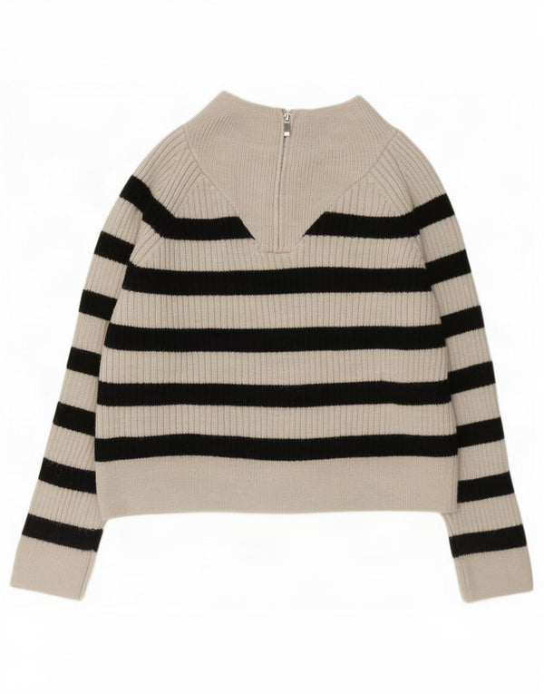 Suéter feminino Zara com zíper e gola em acrílico listrado branco médio UK 14