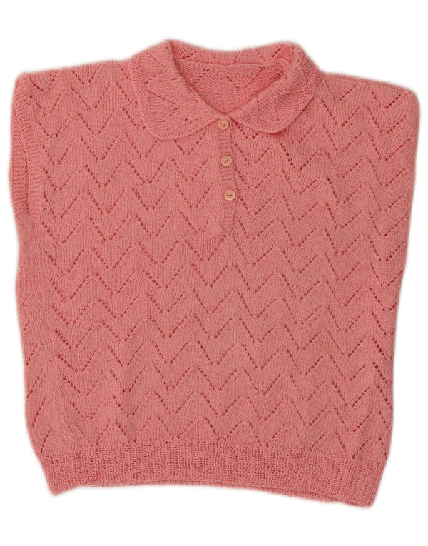 Vintage Womens Crop Polo Neck Vest Tank Top UK 10 Small Pink