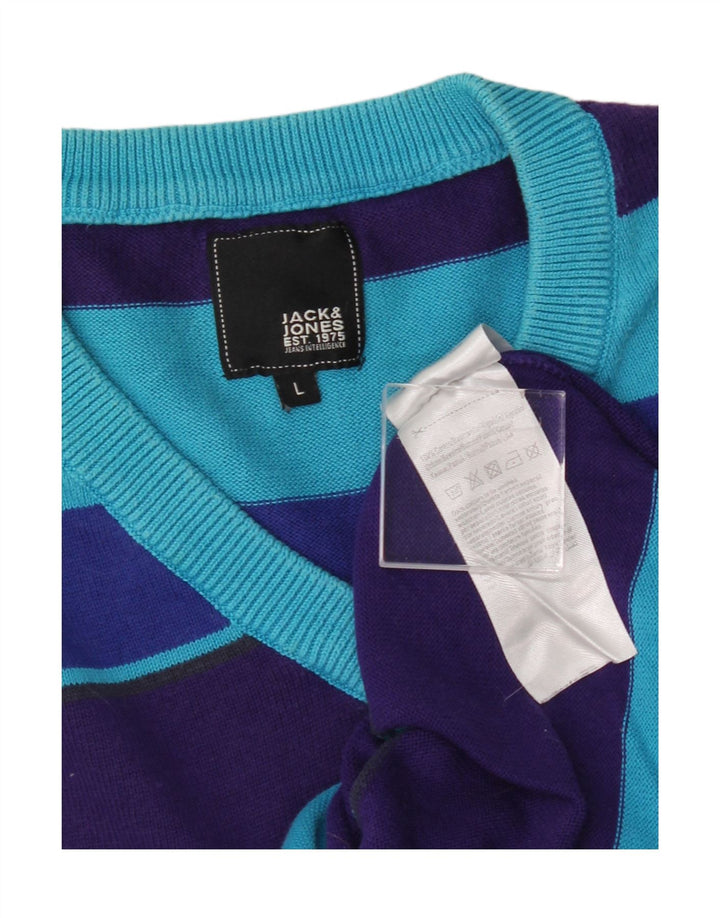 JACK & JONES Mens V-Neck Jumper Sweater Large Blue Striped Cotton Vintage Jack & Jones and Second-Hand Jack & Jones from Messina Hembry 