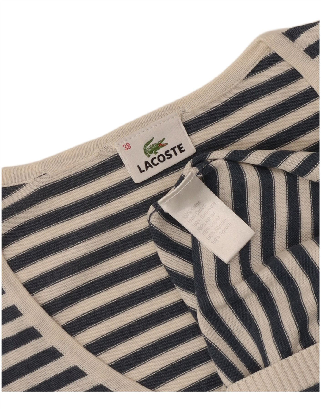 Suéter feminino Lacoste com decote em V tamanho 38 médio azul marinho listrado