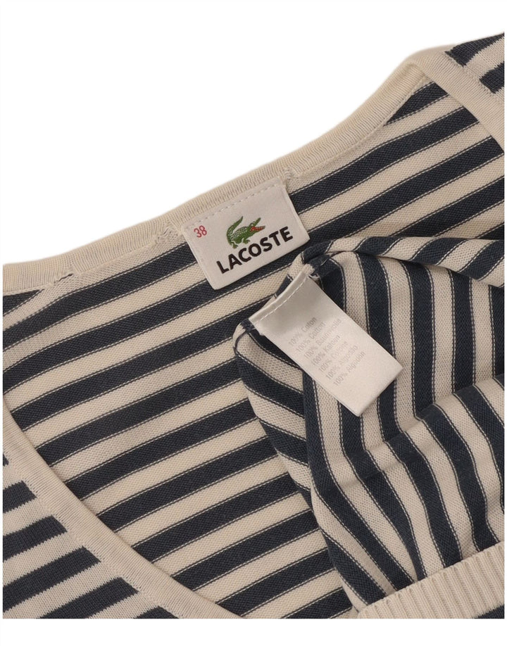 Suéter feminino Lacoste com decote em V tamanho 38 médio azul marinho listrado