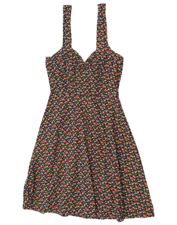 Vestido feminino vintage sem mangas evasê UK 12 médio floral multicolorido
