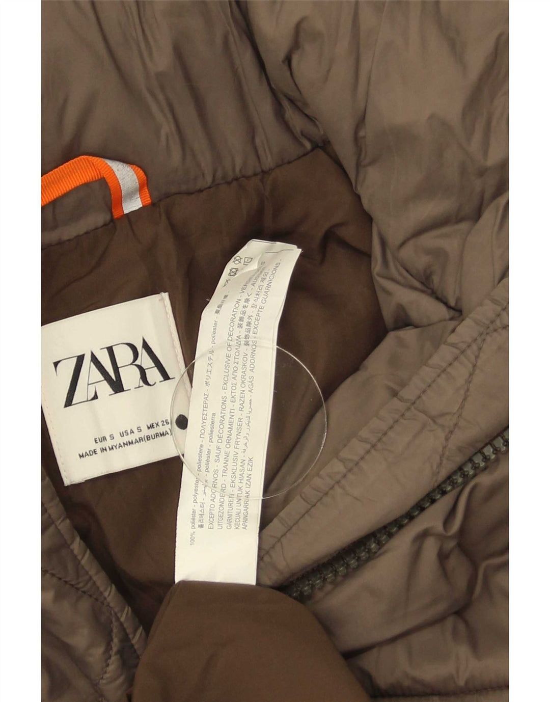 Casaco acolchoado com capuz grande Zara feminino UK 10 pequeno poliéster marrom