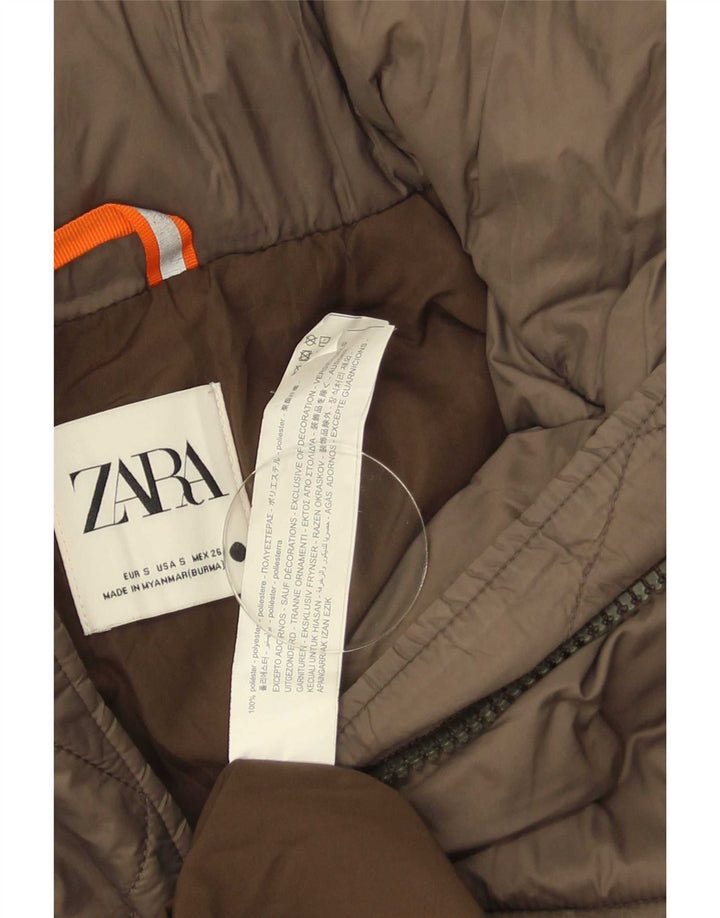 Casaco acolchoado com capuz grande Zara feminino UK 10 pequeno poliéster marrom