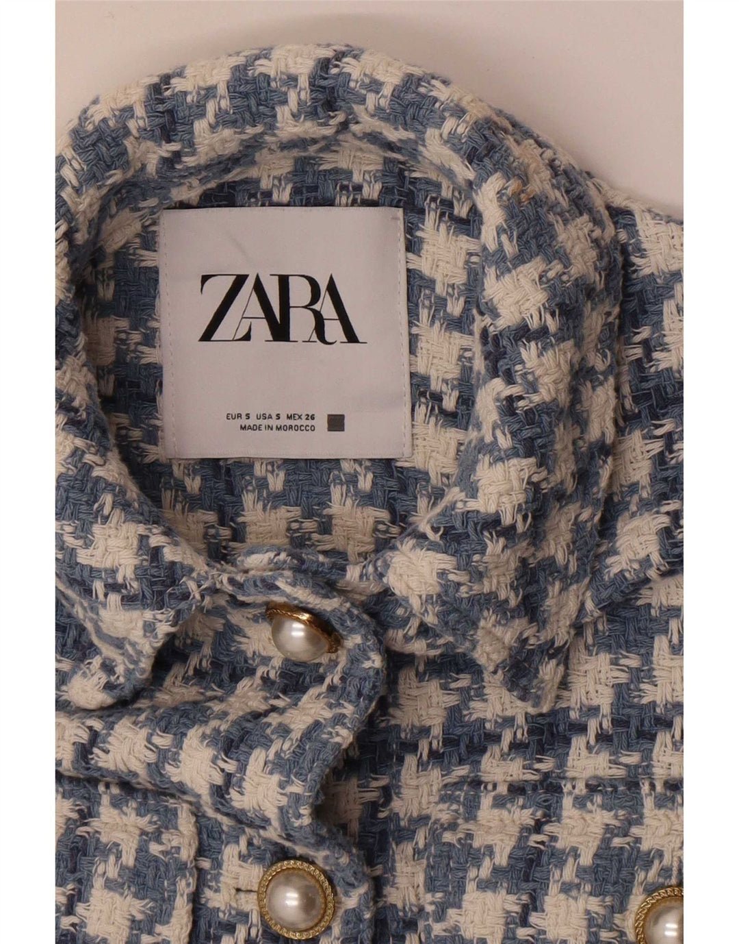 Jaqueta blazer feminina Zara manga 3/4 com 5 botões Reino Unido 10 pequeno azul houndstooth