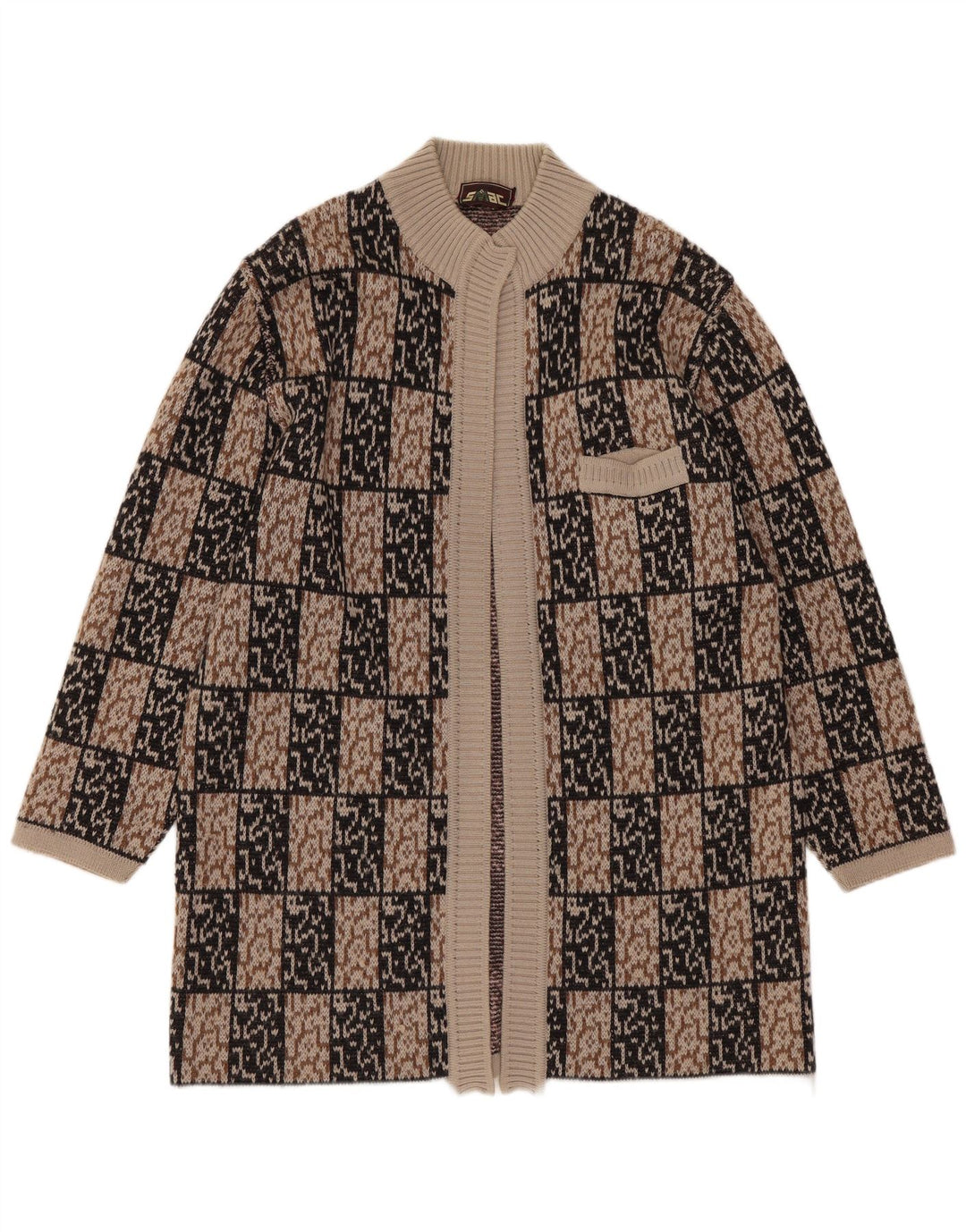 Suéter cardigã feminino VINTAGE com palangre aberto IT 44 marrom médio geométrico