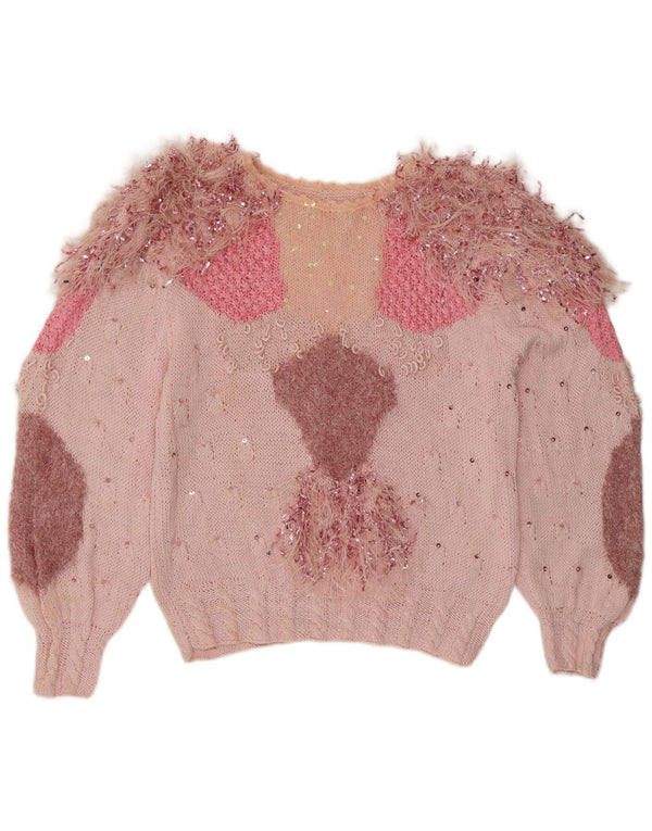 Suéter feminino vintage com gola canoa Reino Unido 16 grande rosa