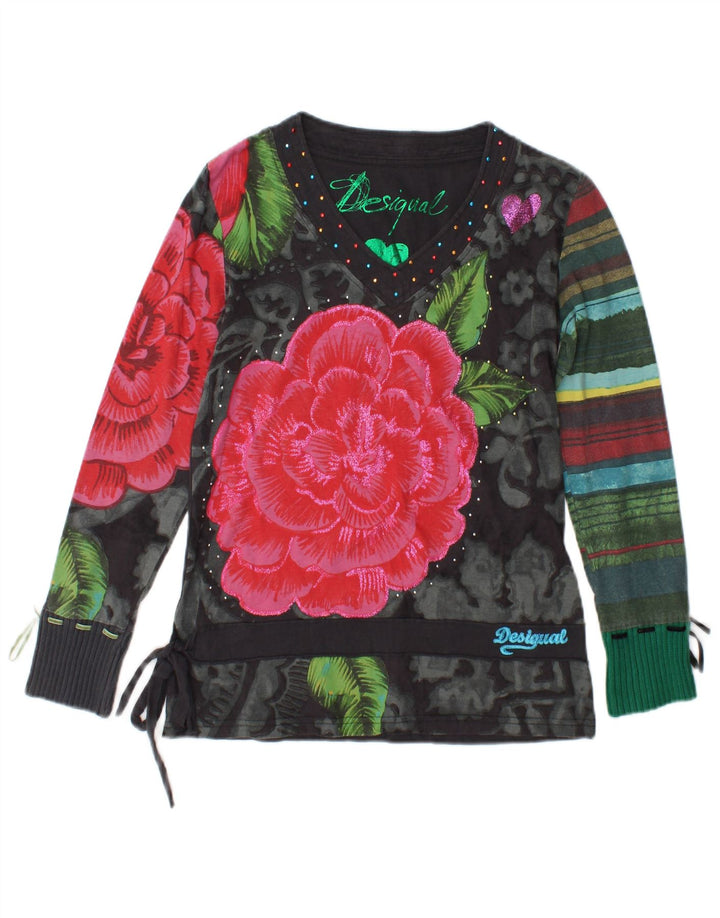 Top gráfico feminino Desigual manga comprida UK 14 médio preto floral