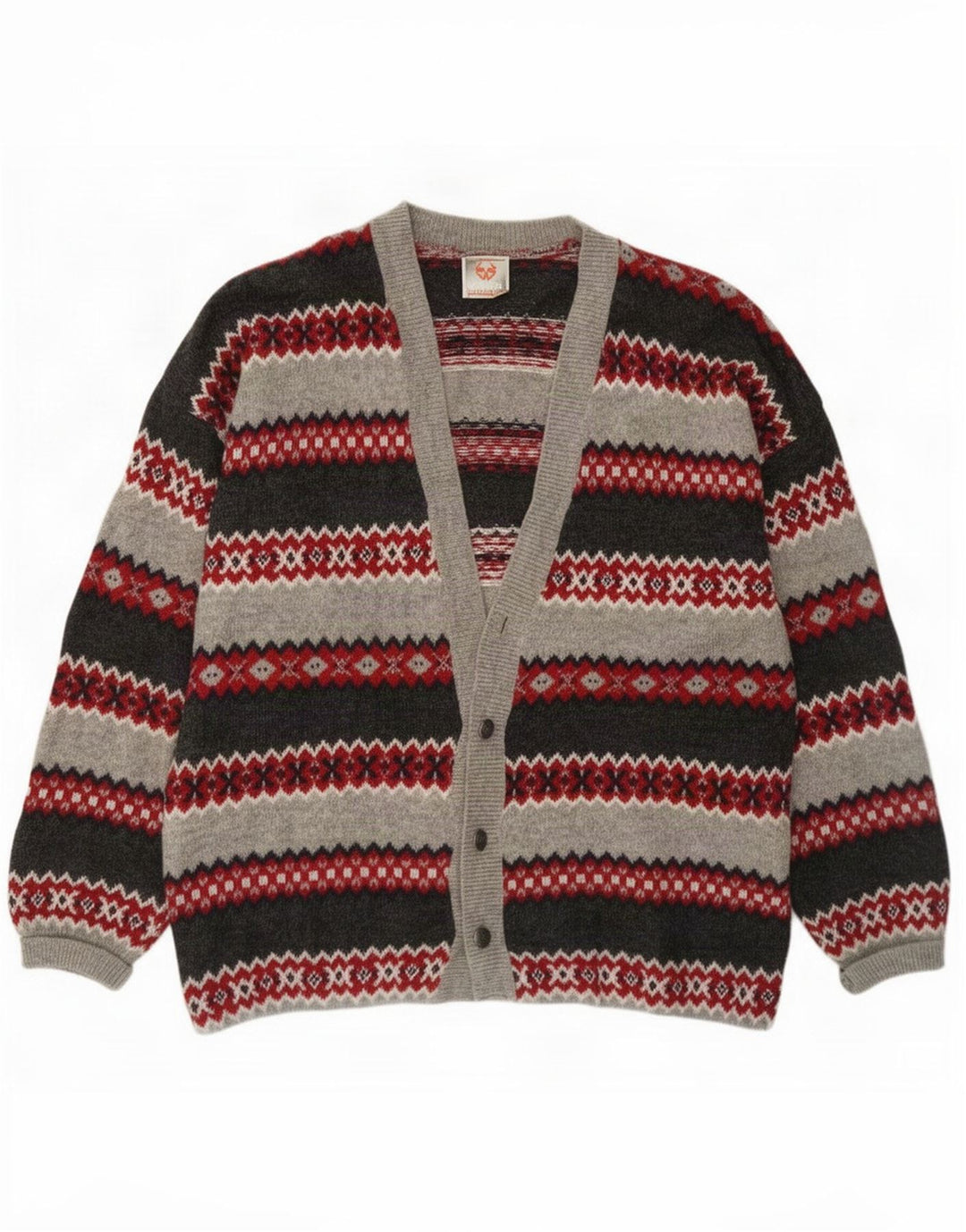 Suéter cardigã masculino Stefanel grande lã Fair Isle cinza