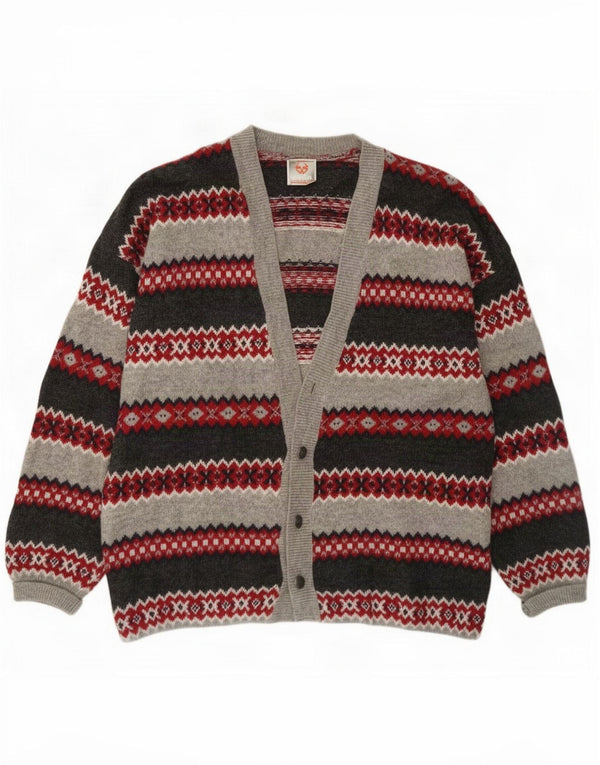Suéter cardigã masculino Stefanel grande lã Fair Isle cinza