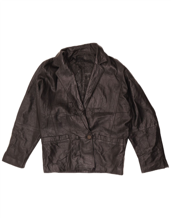Jaqueta blazer feminina vintage de couro com peito duplo Reino Unido 16 grande preta