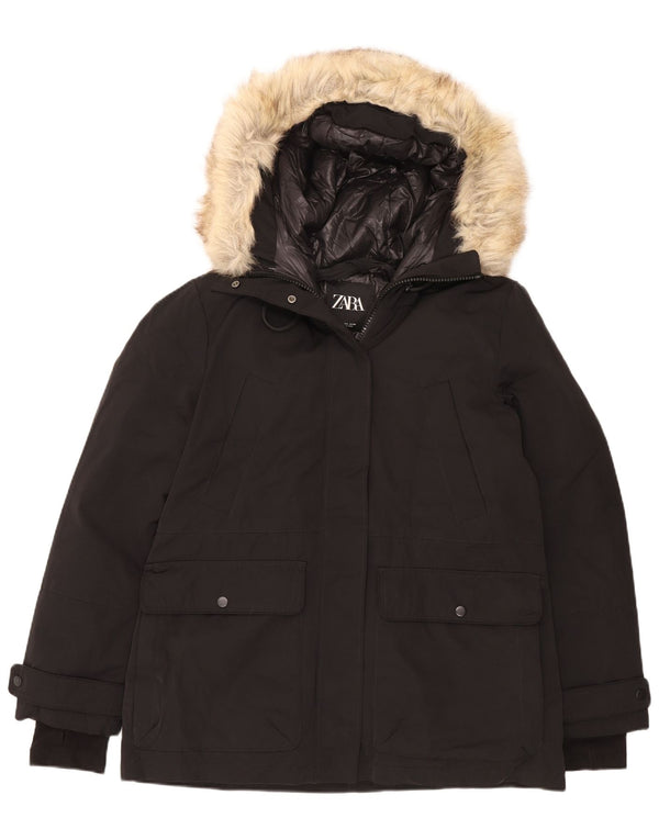Jaqueta acolchoada com capuz feminina Zara UK 16 grande poliéster preto