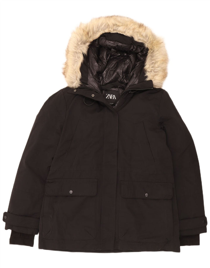Jaqueta acolchoada com capuz feminina Zara UK 16 grande poliéster preto