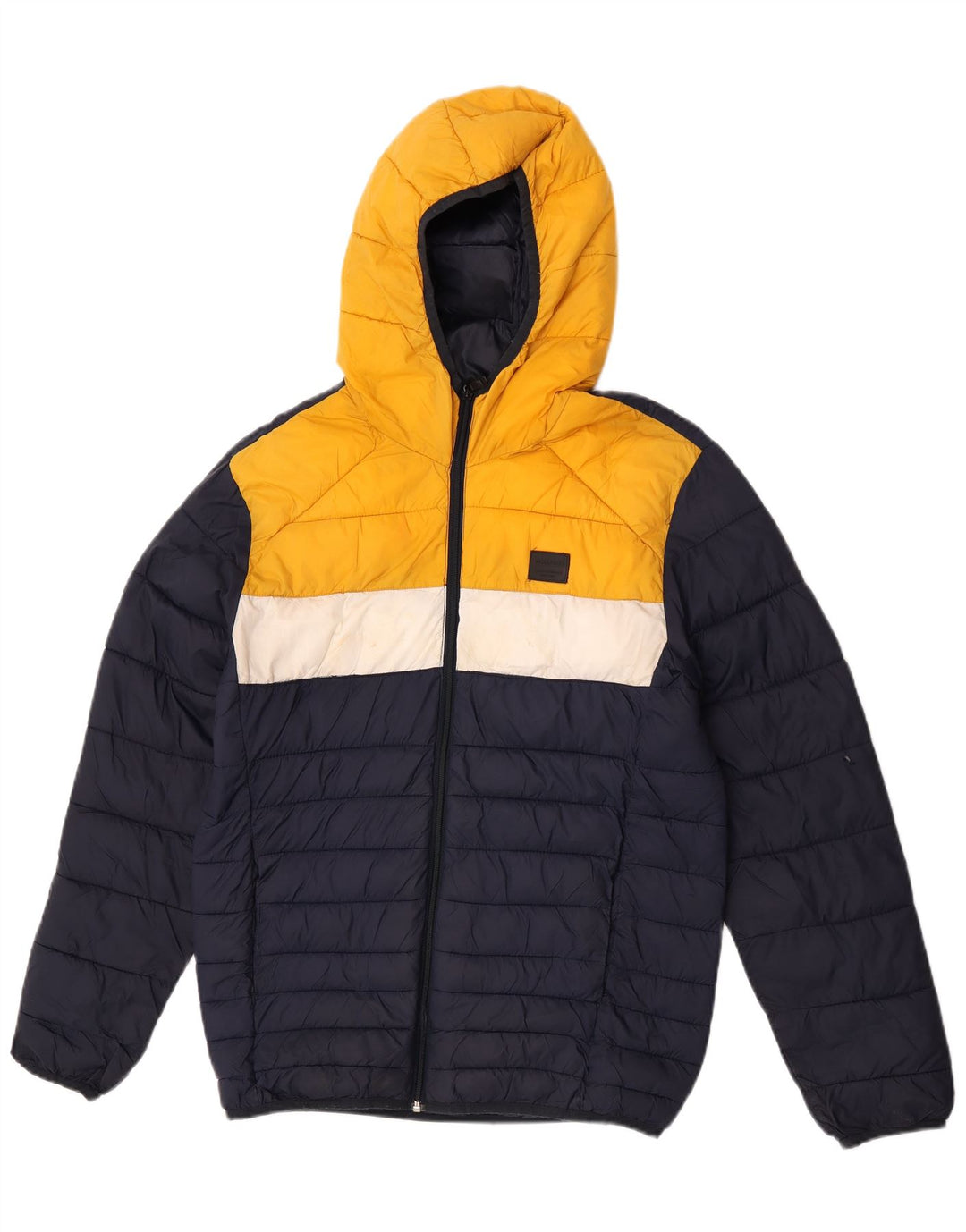 Jaqueta masculina acolchoada com capuz Jack & Jones Reino Unido 38 bloco colorido azul marinho médio