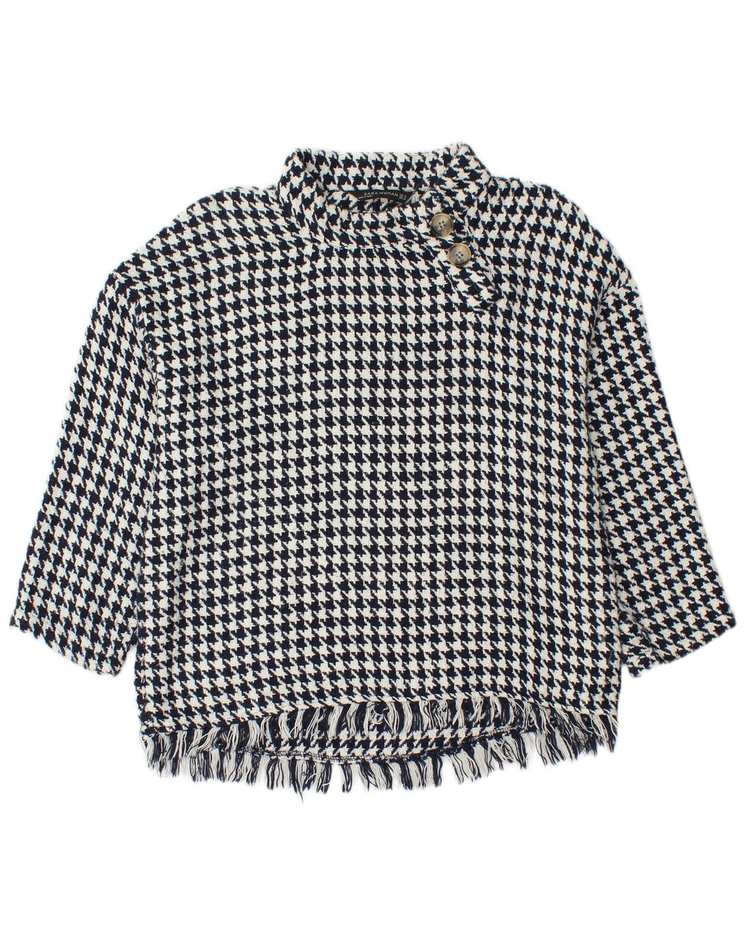 Suéter feminino Zara com gola redonda e botão, Reino Unido 14, médio, azul marinho, houndstooth