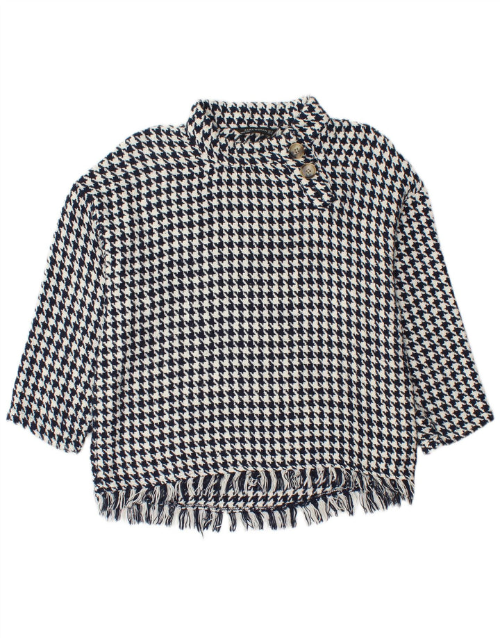 Suéter feminino Zara com gola redonda e botão, Reino Unido 14, médio, azul marinho, houndstooth