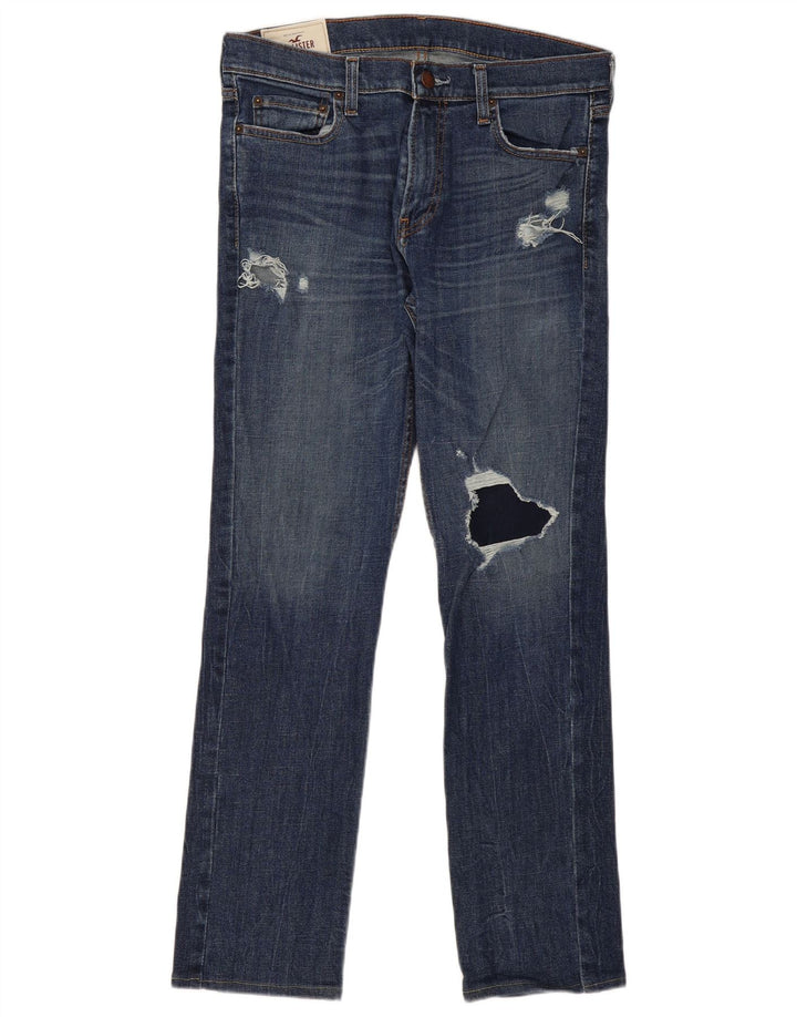 Calça jeans reta masculina Hollister desgastada W33 L32 azul