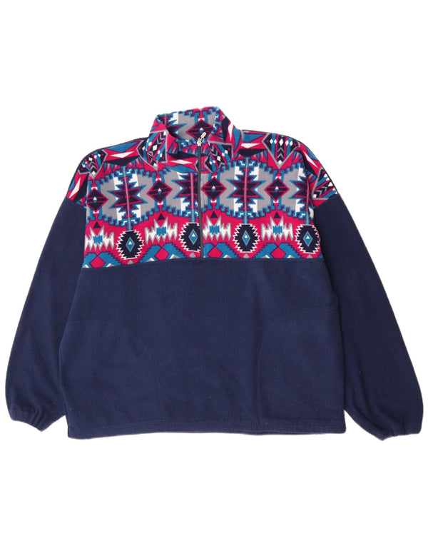 Jumper de lã masculino vintage com zíper e pescoço XL azul marinho geométrico