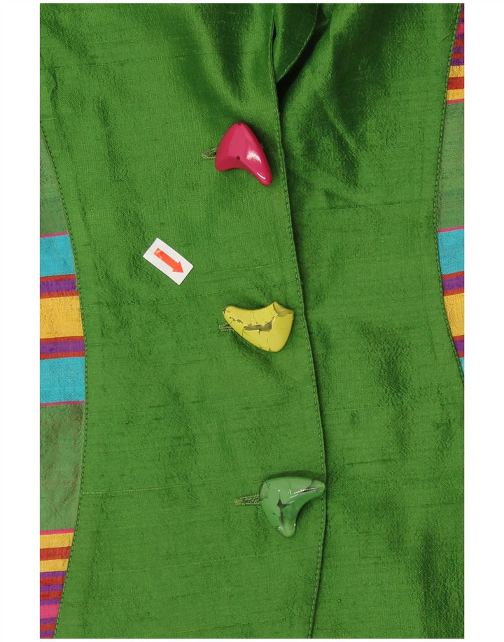 Cardigã feminino VINTAGE de manga curta UK 12 listrado verde médio retrô