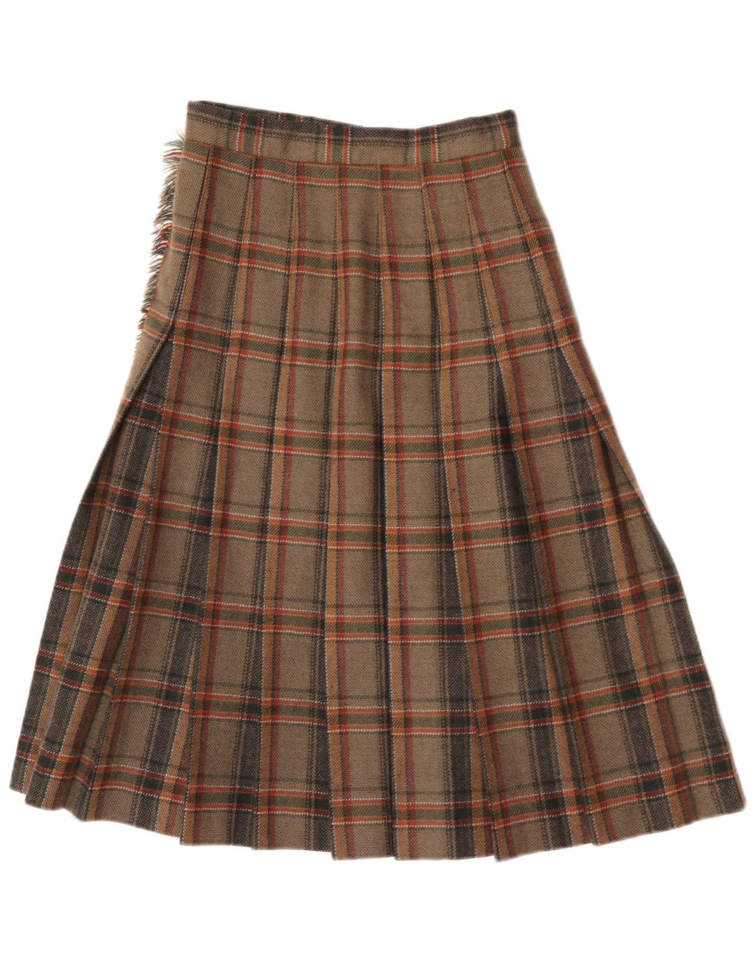 Saia midi feminina vintage IT 40 pequena W24 lã xadrez marrom