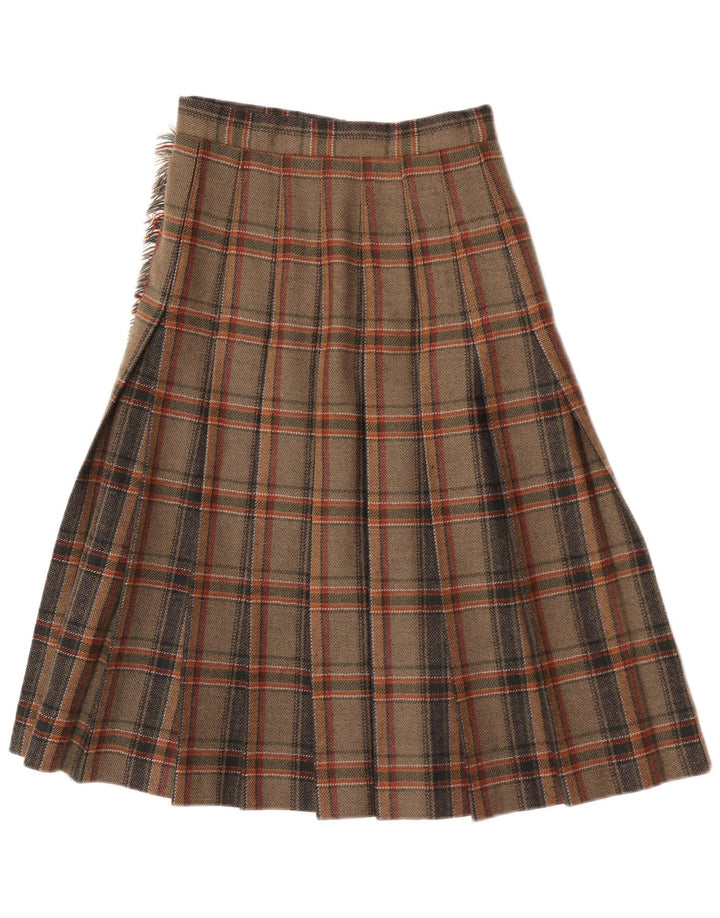 Saia midi feminina vintage IT 40 pequena W24 lã xadrez marrom