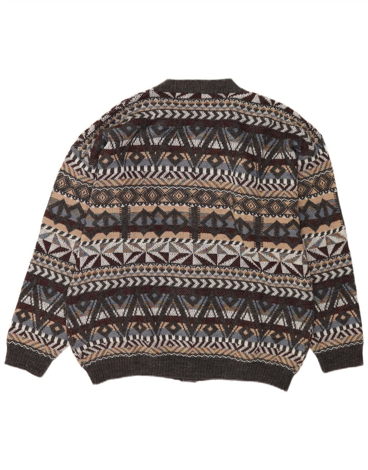 Suéter cardigã masculino vintage lã geométrica cinza médio