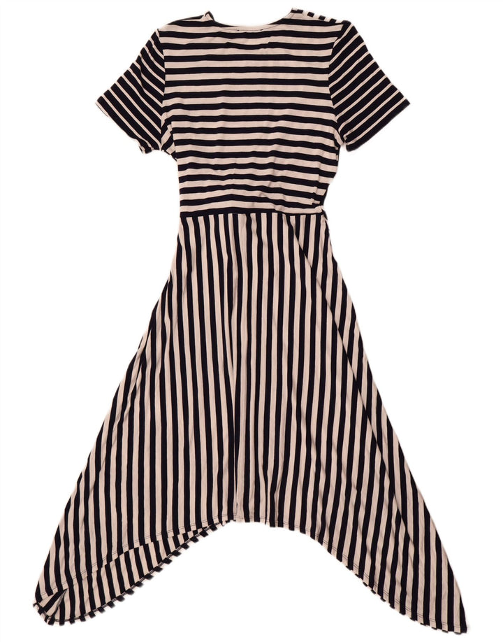 Vestido feminino Oasis com gravata frontal assimétrica Reino Unido 12 médio listrado azul marinho