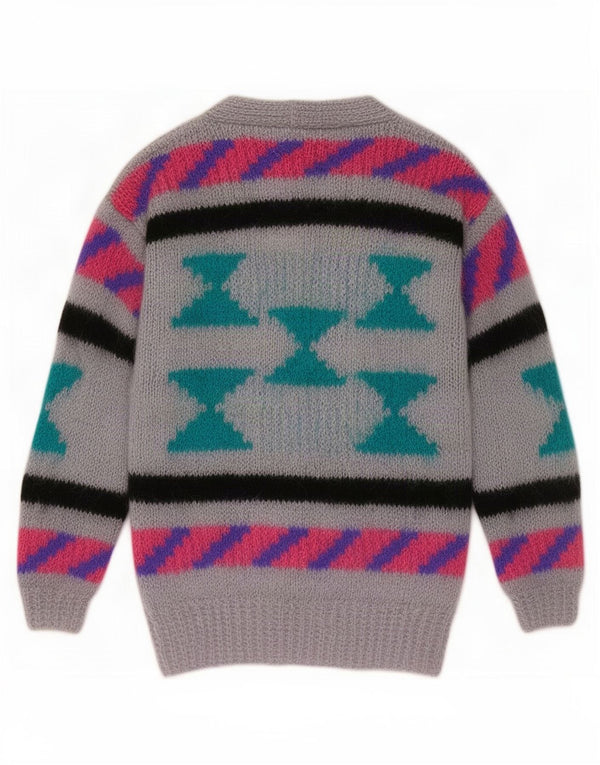 Suéter Cardigan Feminino Vintage Reino Unido 10 Pequeno Geométrico Cinza