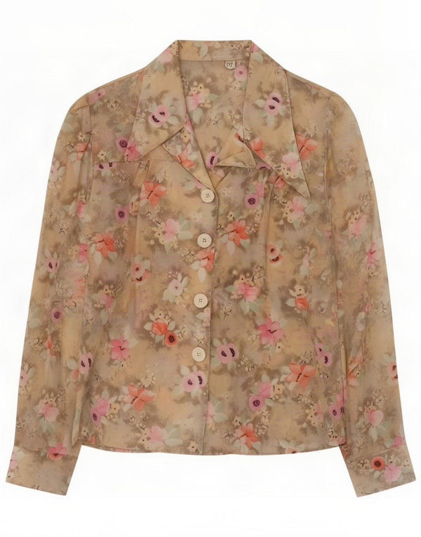 Blusa feminina vintage de manga comprida Reino Unido 14 Bege Médio Floral Retro