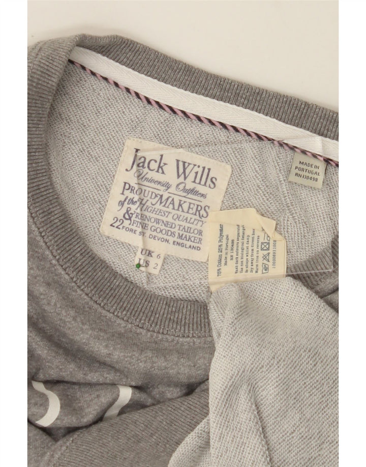 JACK WILLS Womens Graphic Sweatshirt Jumper UK 6 XS  Grey Cotton Vintage Jack Wills and Second-Hand Jack Wills from Messina Hembry 