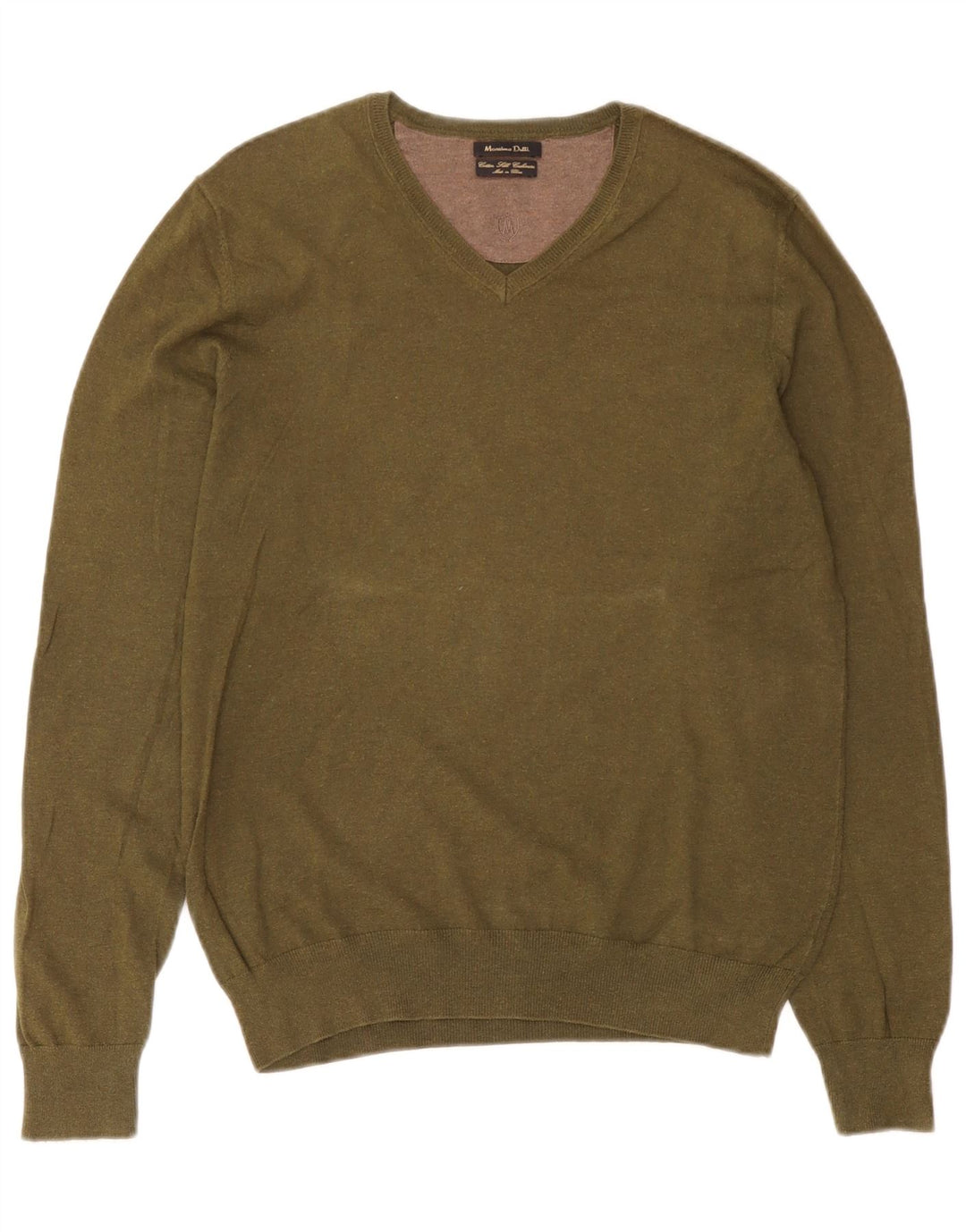 Suéter masculino Massimo Dutti com decote em V, algodão cáqui médio