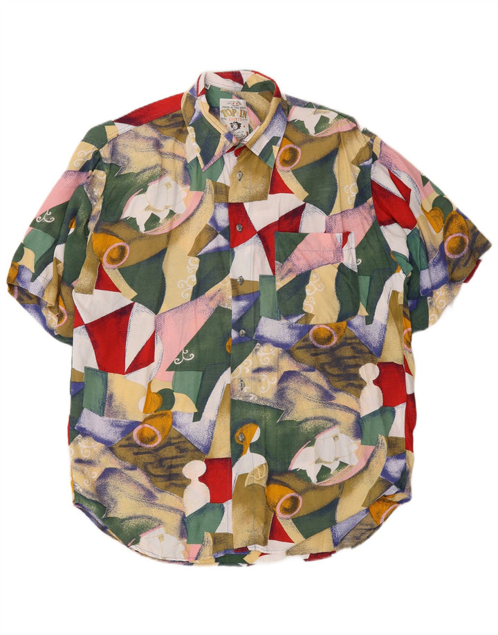 Camisa masculina vintage de manga curta média multicolorida geométrica