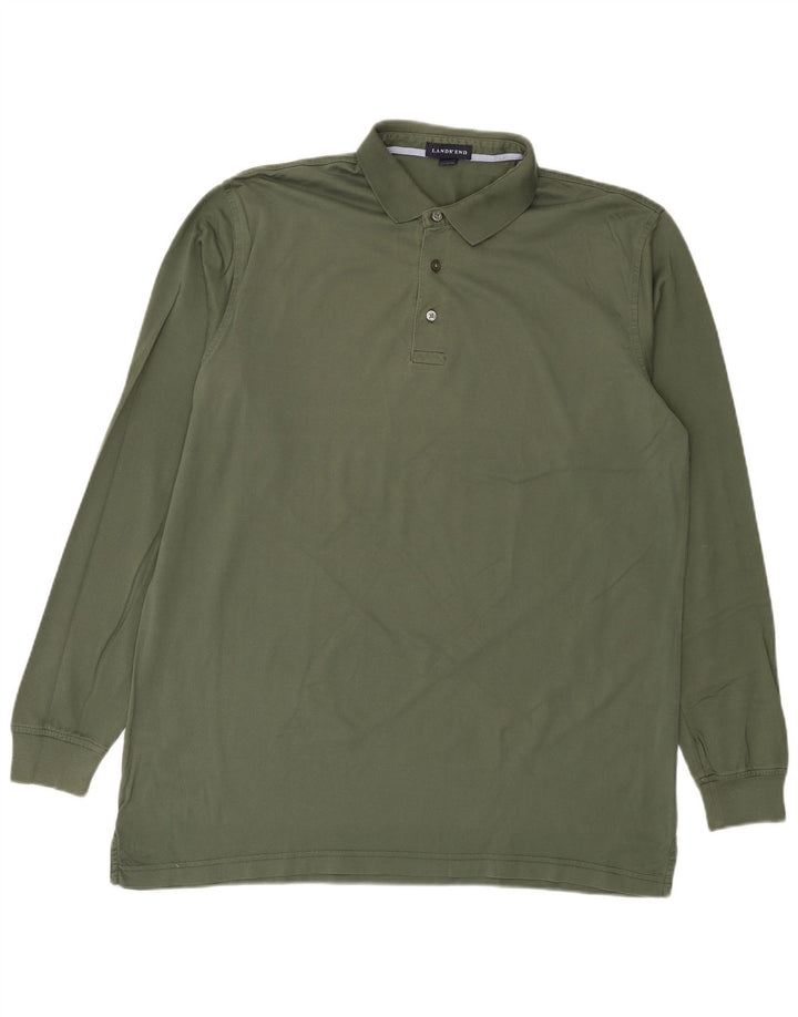 Lands End Camisa polo masculina de manga comprida grande algodão verde
